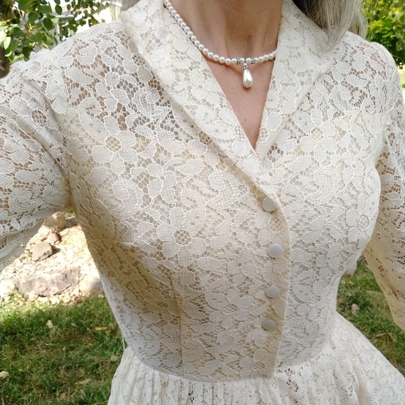 1950's CREAM LACE DRESS 50's shirtwaist S - Picture 5 of 12